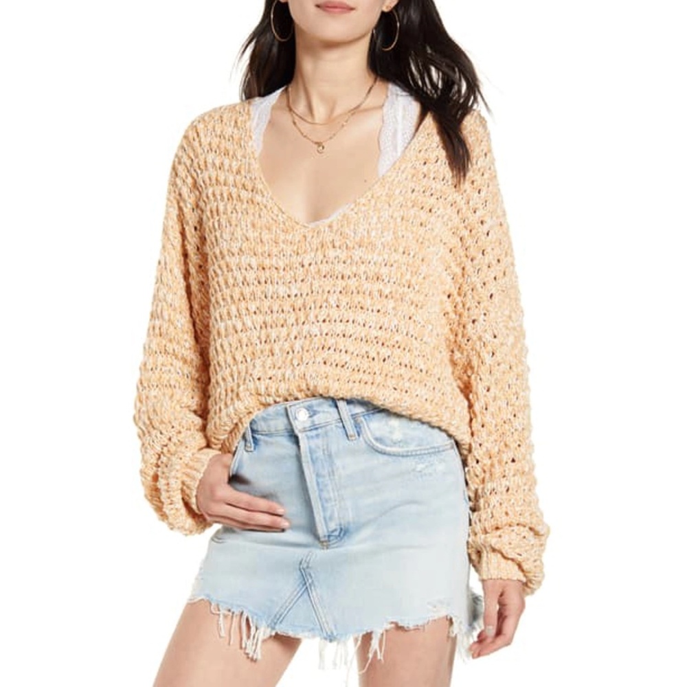 ✨NWT✨ FREE PEOPLE Coconut Chunky Knit V Neck Sweater in Sandy Combo Sz XS